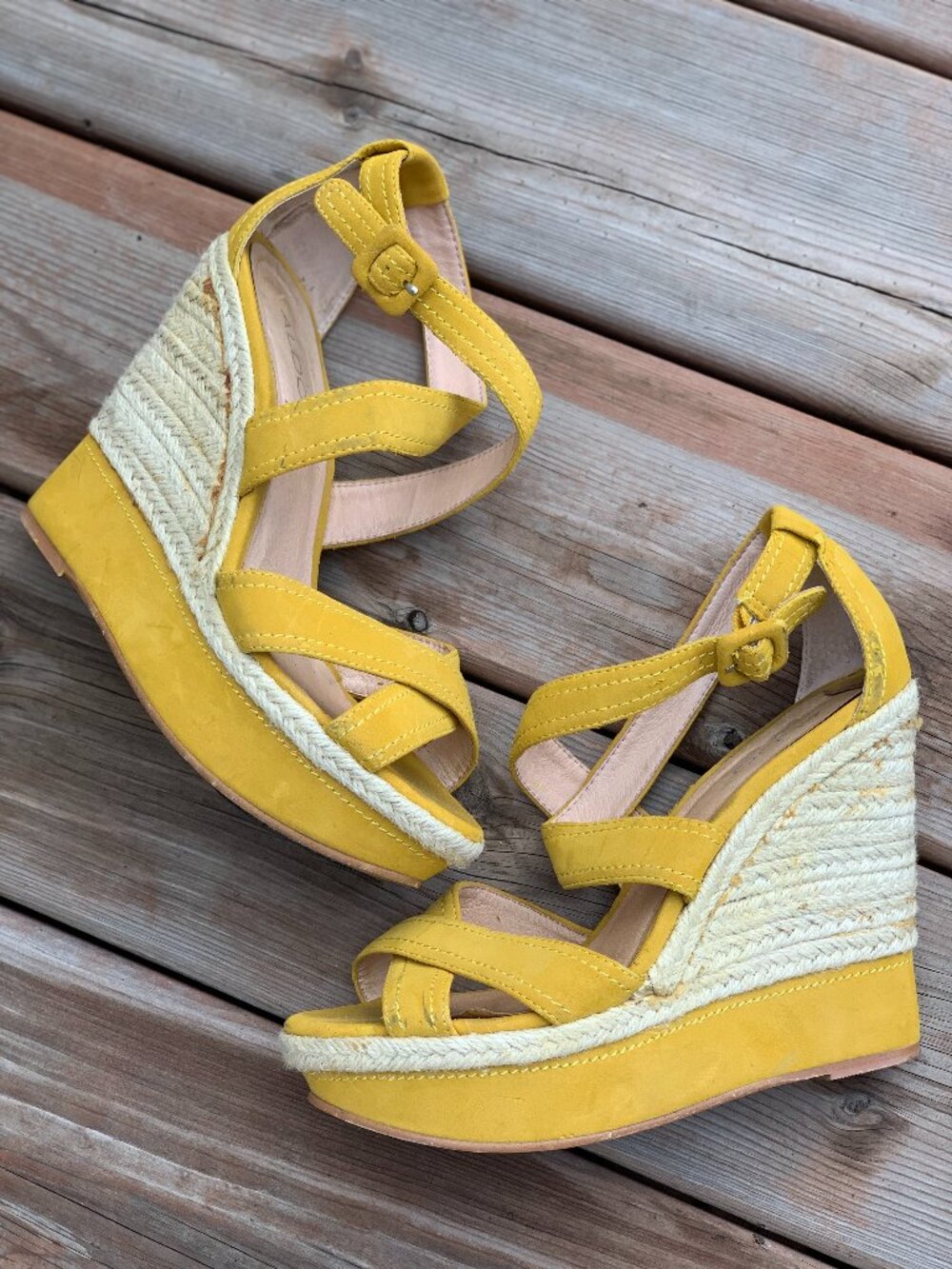 Aldo Espadrille Wedge Sandals 39 Yellow Faux Suede Strappy High Platform Shoe